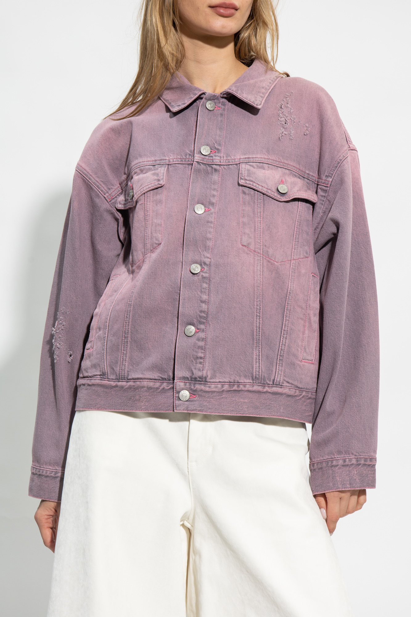 Pink ripped hot sale denim jacket